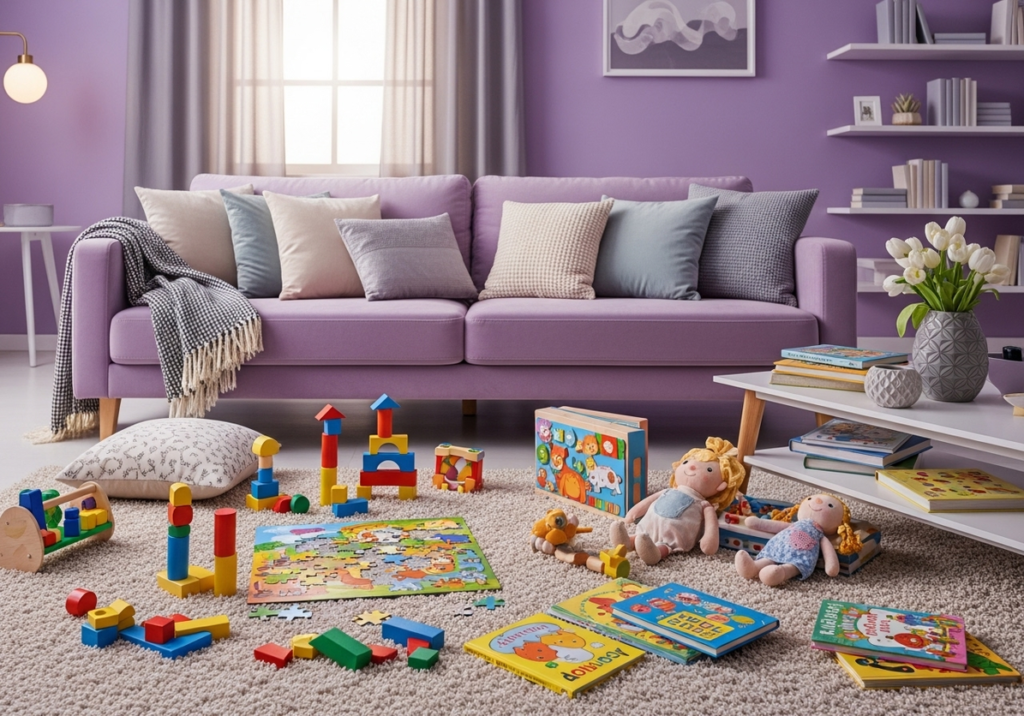 Imagem de destaque para artigo sobre brinquedos educativos, mostrando uma sala de estar com brinquedos espalhados, como blocos, quebra-cabeças e livros, em um ambiente lúdico e convidativo.